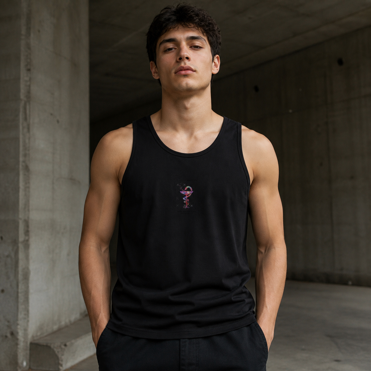 Addicted Society Tank Top an männlichem Model in Berlin - KI-generierte Darstellung