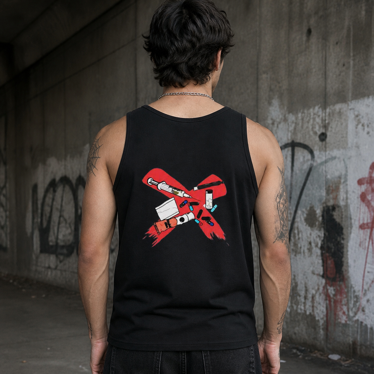 All Drugs Tank Top Rückansicht an männlichem Model - KI-generierte Darstellung