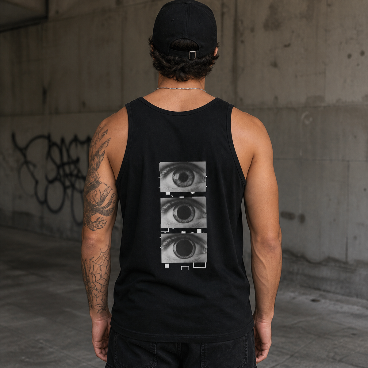 All Eyez On Me Tank Top Rückansicht an männlichem Model - KI-generierte Darstellung