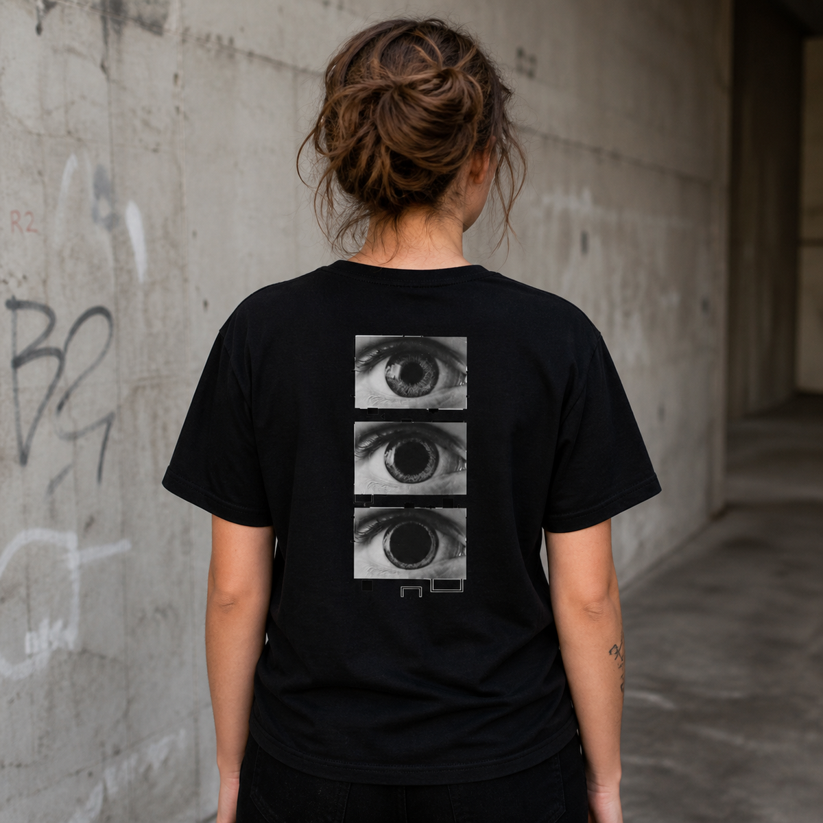 All Eyez On Me Graphic T-Shirt Damen Rückenansicht – KI-generierte Darstellung