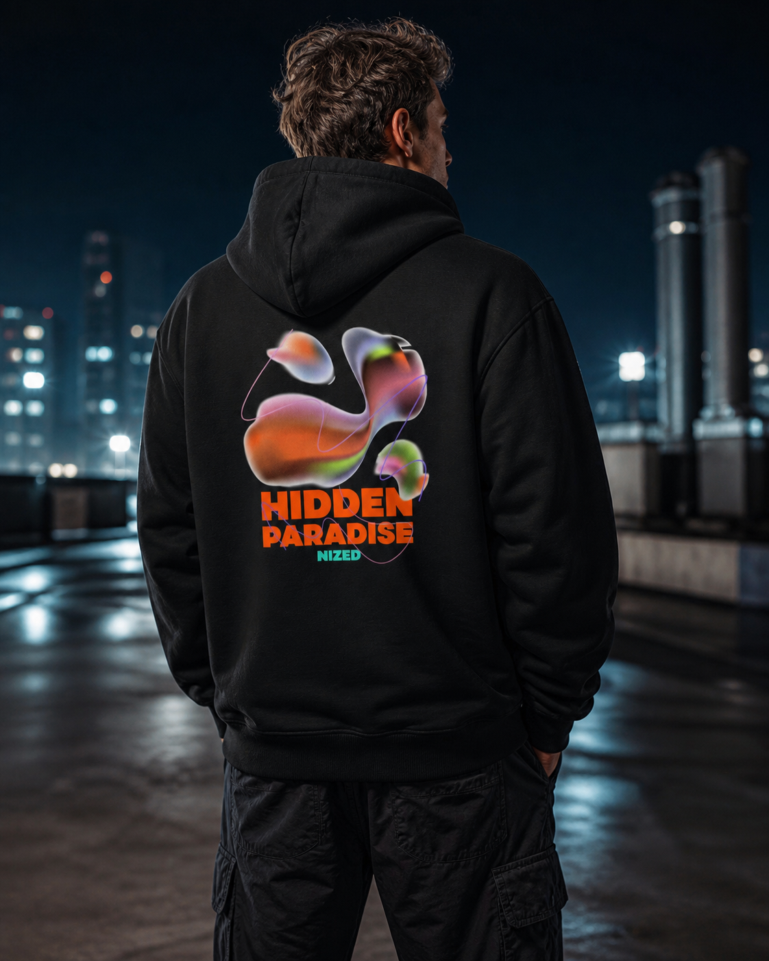 Always Dreaming Hoodie in Schwarz an männlichem Model, Rückansicht – KI-generierte Darstellung