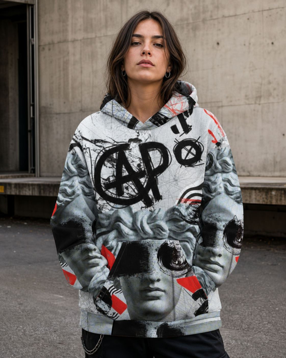 Antique Art Hoodie Alloverprint an weiblichem Model, Vorderansicht – KI-generierte Darstellung