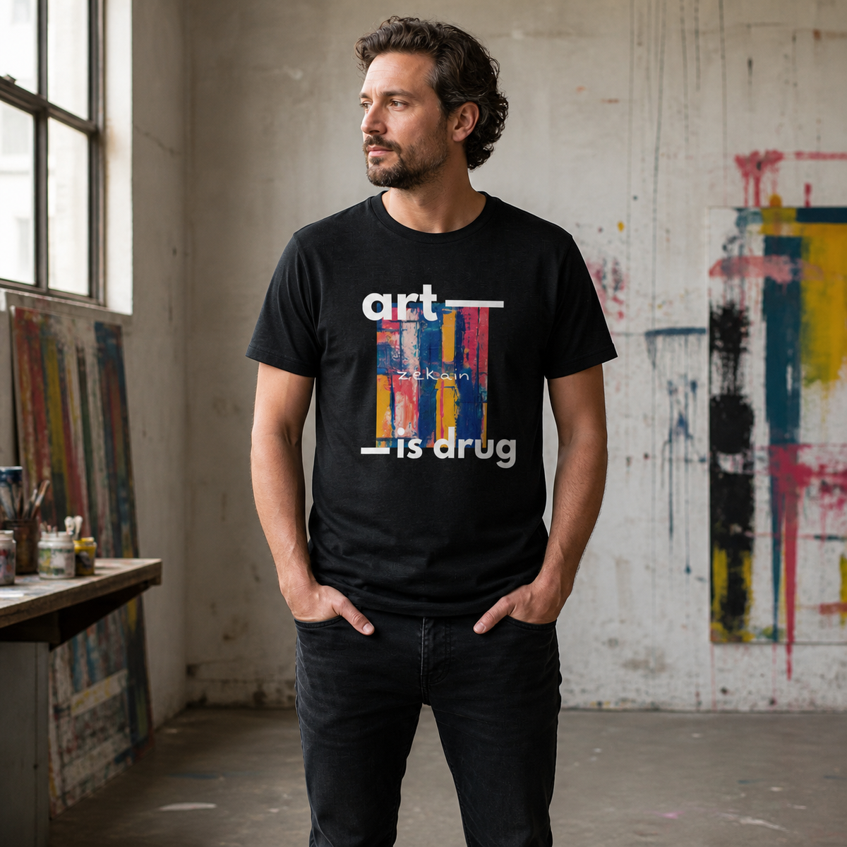 Art Drug Graphic T-Shirt Herren Frontansicht – KI-generierte Darstellung