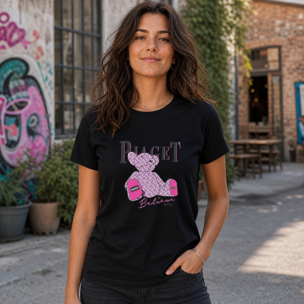 Belive Peace Tshirt Damen Frontansicht – KI-generierte Darstellung