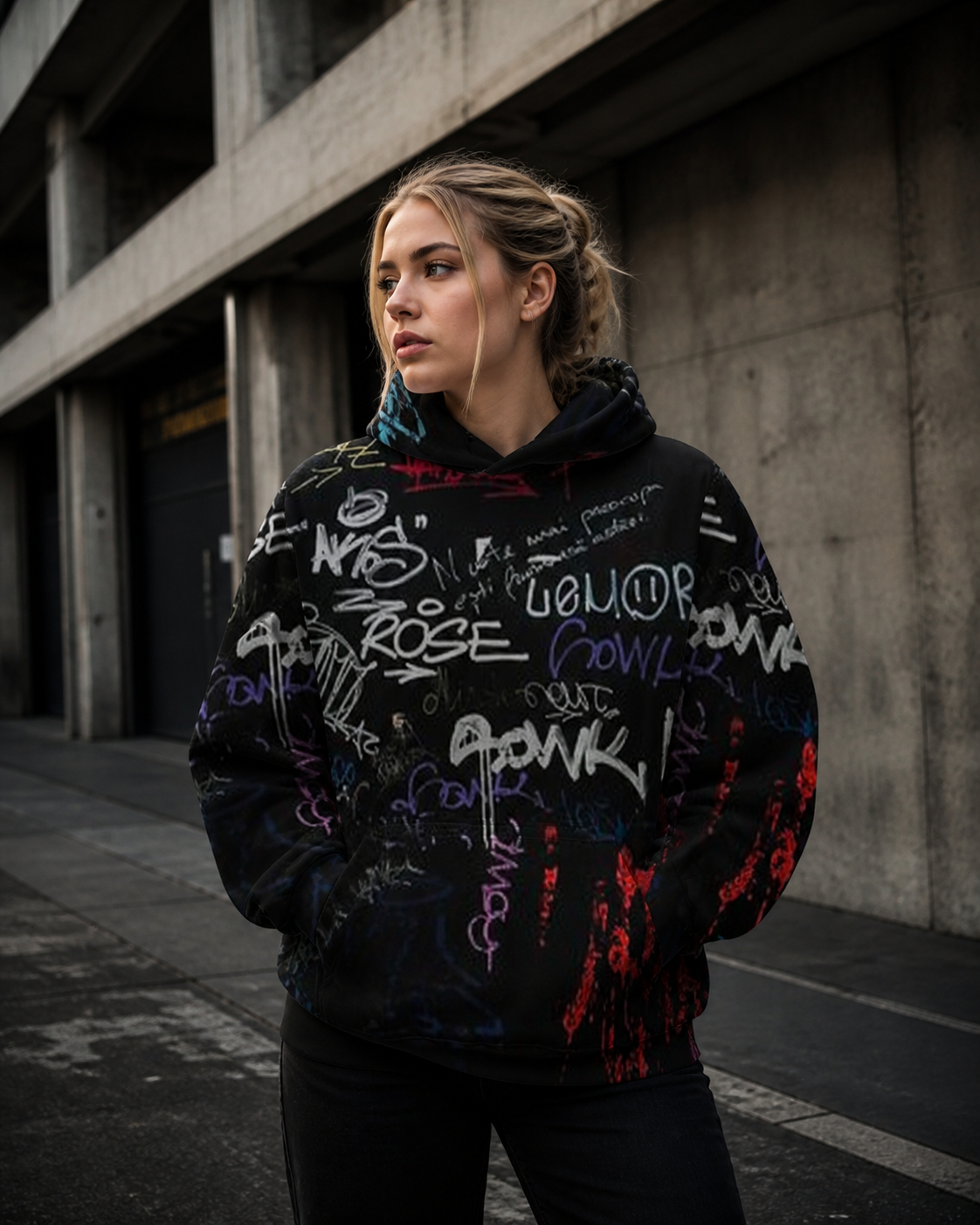 Berghain Graphic Hoodie Alloverprint an weiblichem Model, Vorderansicht – KI-generierte Darstellung
