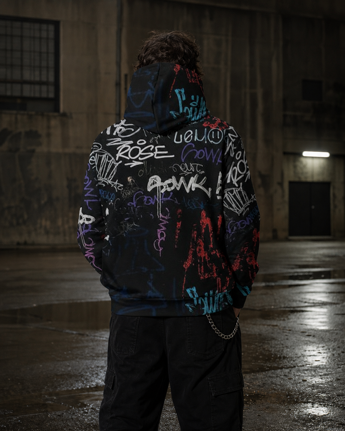 Berghain Graphic Hoodie Alloverprint an männlichem Model, Rückansicht – KI-generierte Darstellung