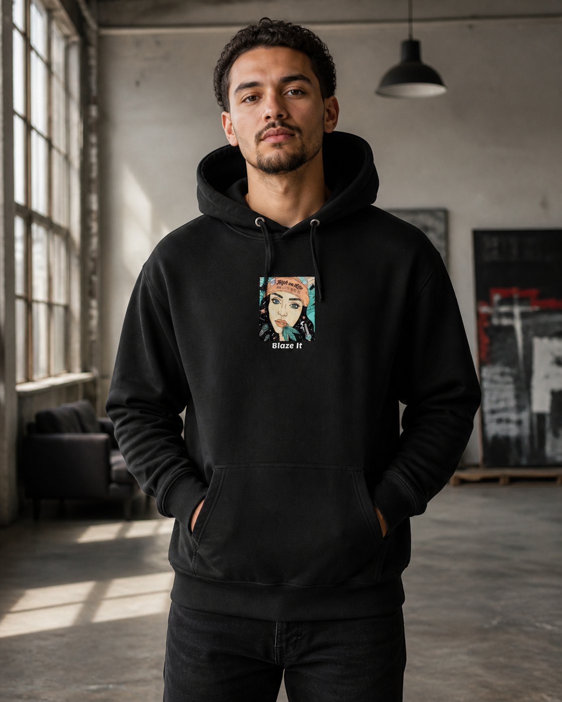 Blaze Graphic Hoodie in Schwarz an männlichem Model, Vorderansicht – KI-generierte Darstellung