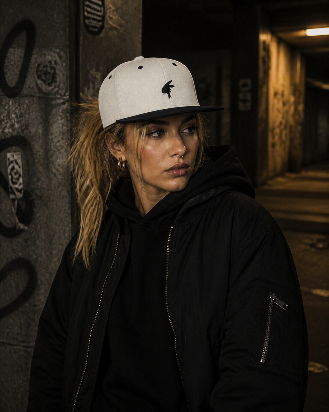 Boss Bunny Playboy Cap an weiblichem Model – KI-generierte Darstellung