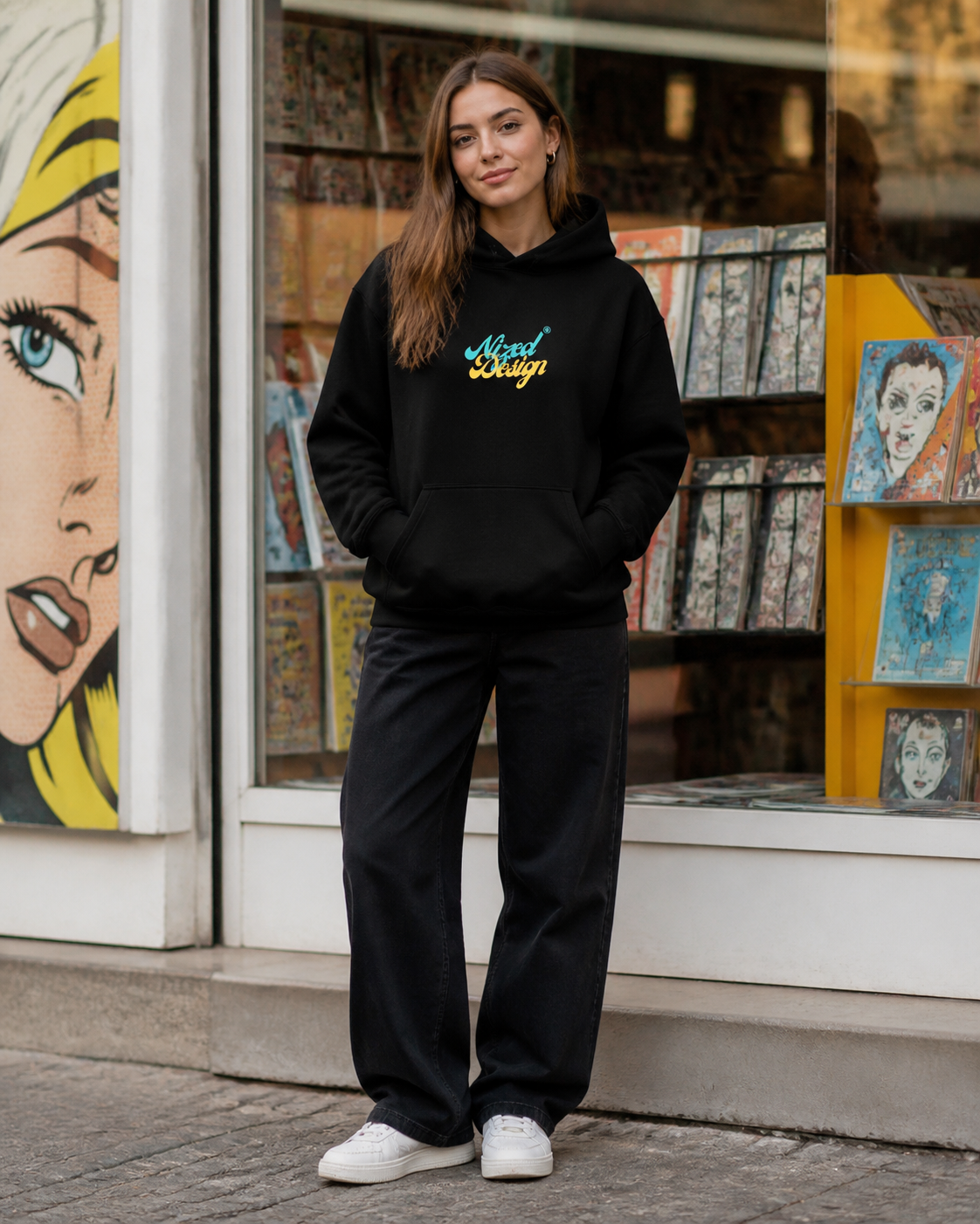 Bubble Graphic Hoodie in Schwarz an weiblichem Model, Vorderansicht – KI-generierte Darstellung