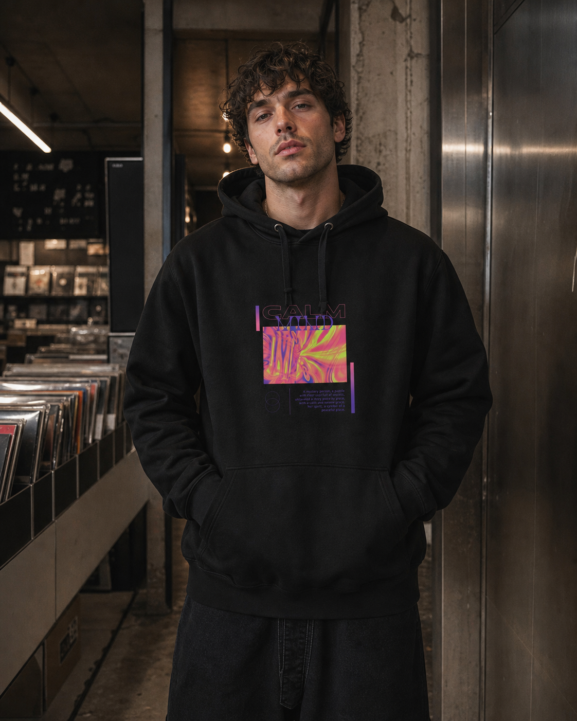 Mann trägt schwarzen Calm Mind Hoodie mit integriertem Graphic-Frontprint – KI-generierte Darstellung