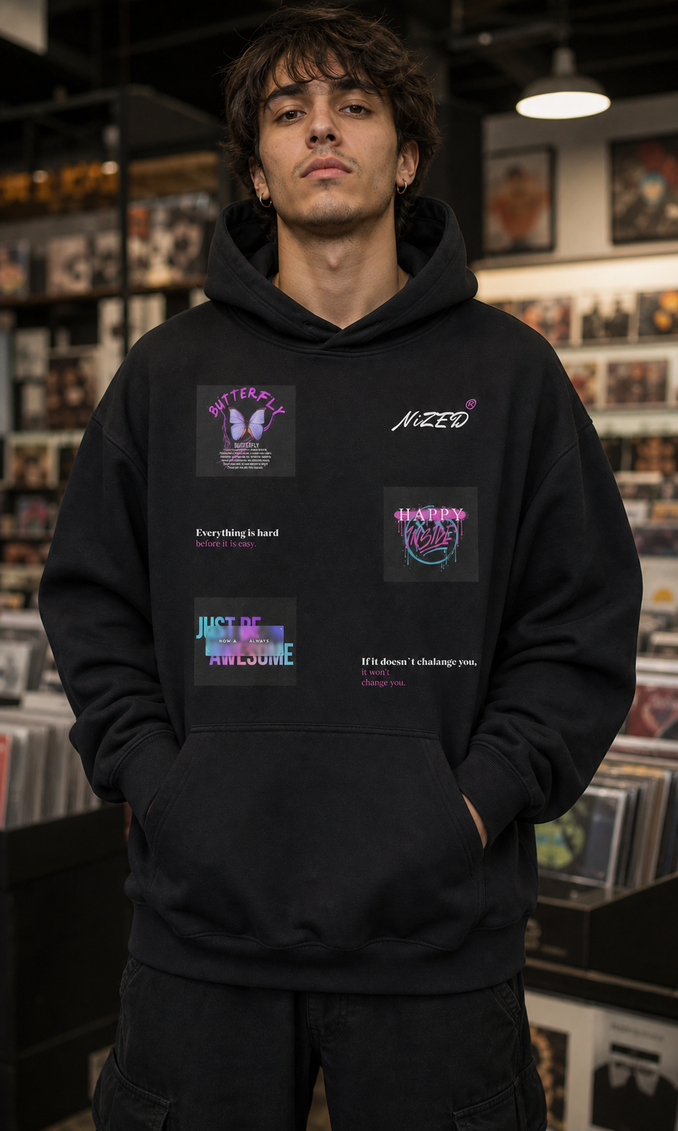 Mann trägt Change Your Mind Hoodie mit integriertem Graphic-Frontprint – KI-generierte Darstellung