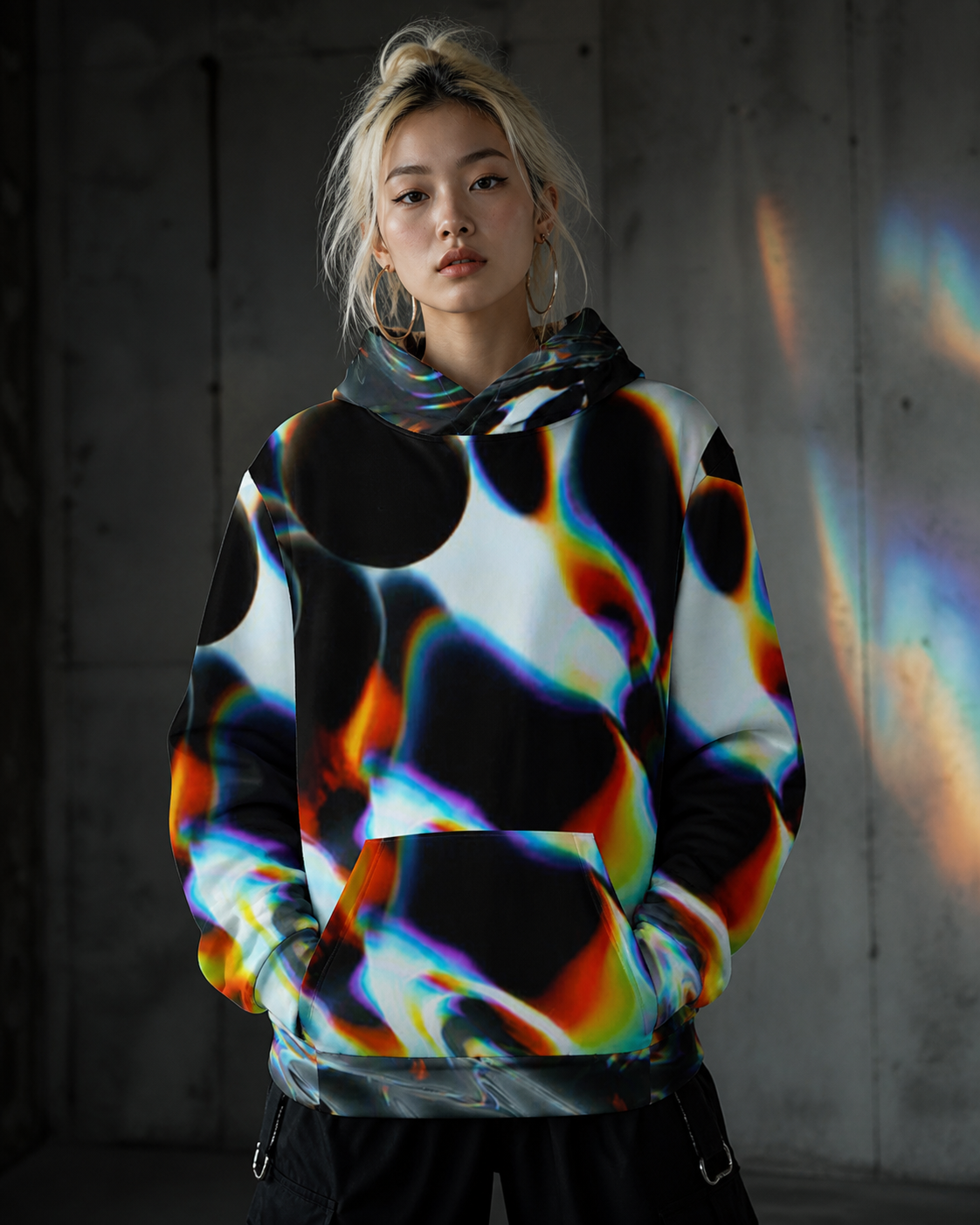 Frau trägt Cialis Graphic Hoodie mit farbigem Liquid-Alloverprint – KI-generierte Darstellung