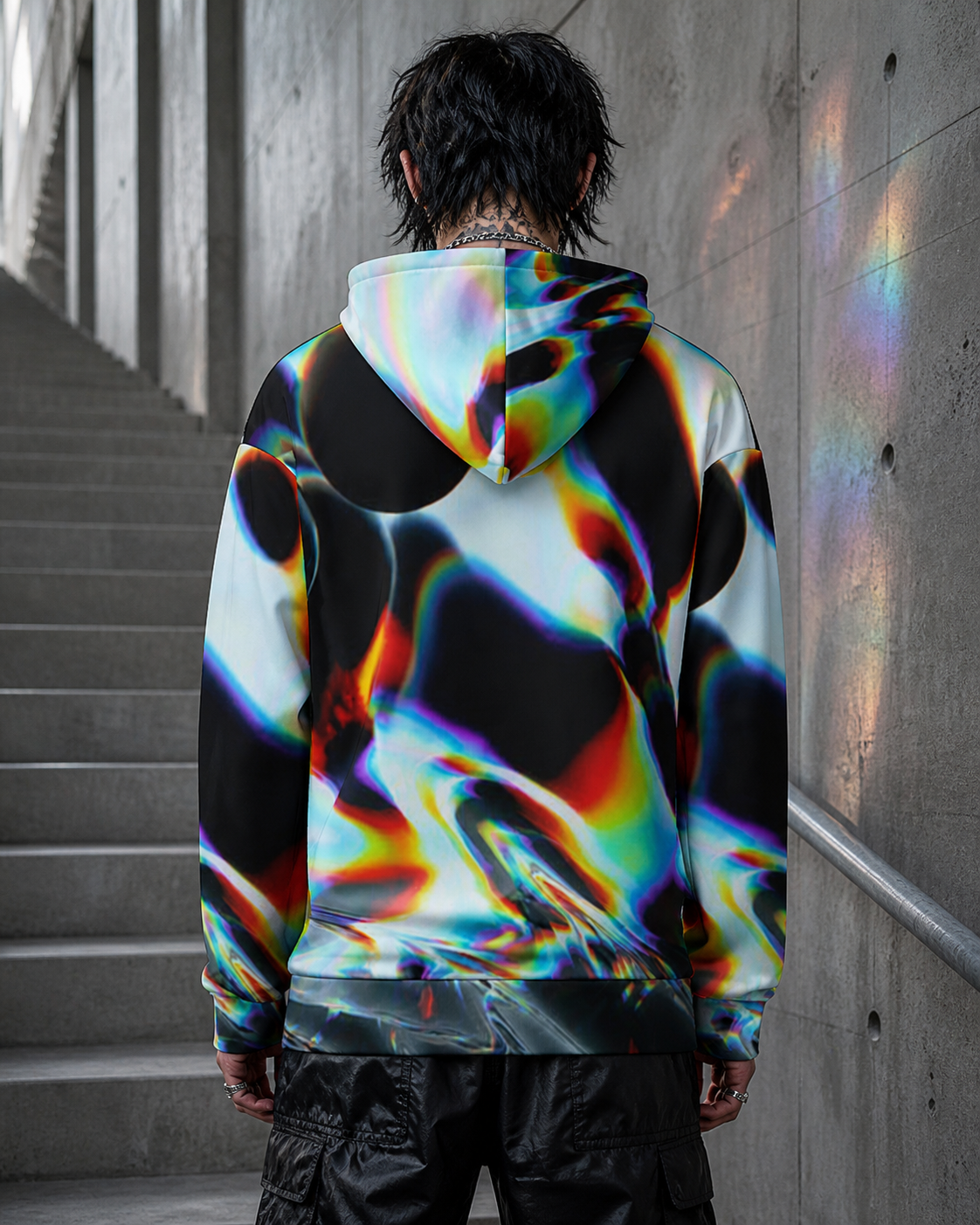 Mann zeigt die Rückseite des Cialis Graphic Hoodies mit Alloverprint – KI-generierte Darstellung