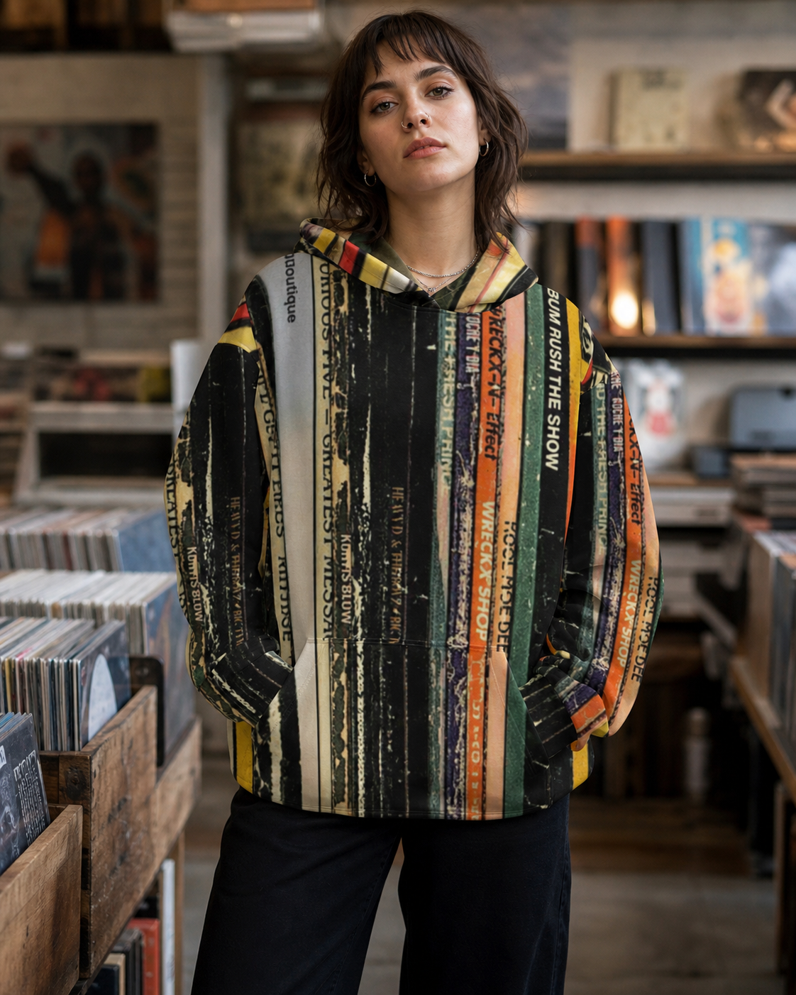Coloc Graphic Hoodie am weiblichen Model mit originalgetreuem Plattencover-Alloverprint – KI-generierte Darstellung