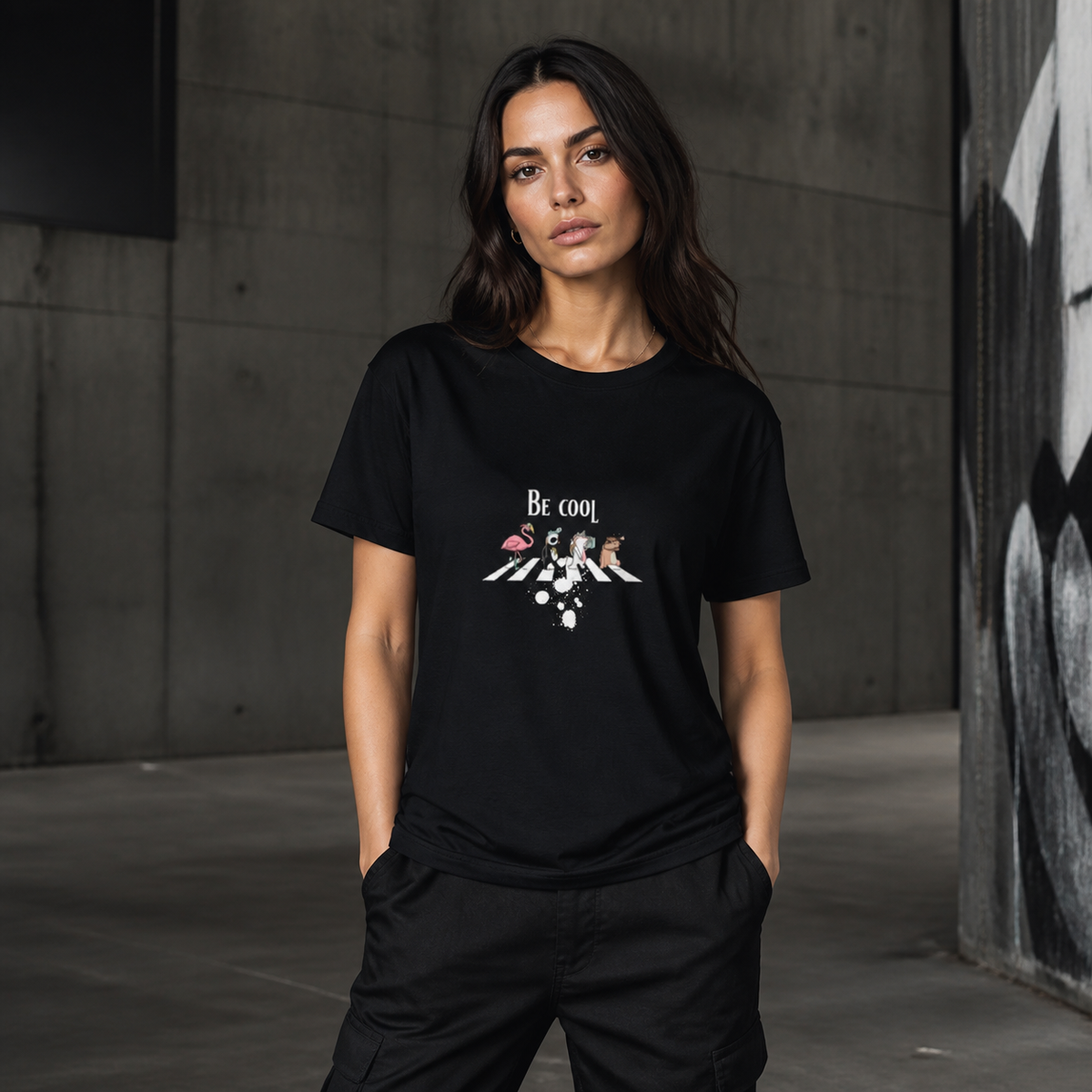 Cool Graphic T-Shirt Damenmodel Vorderansicht – KI-generierte Darstellung