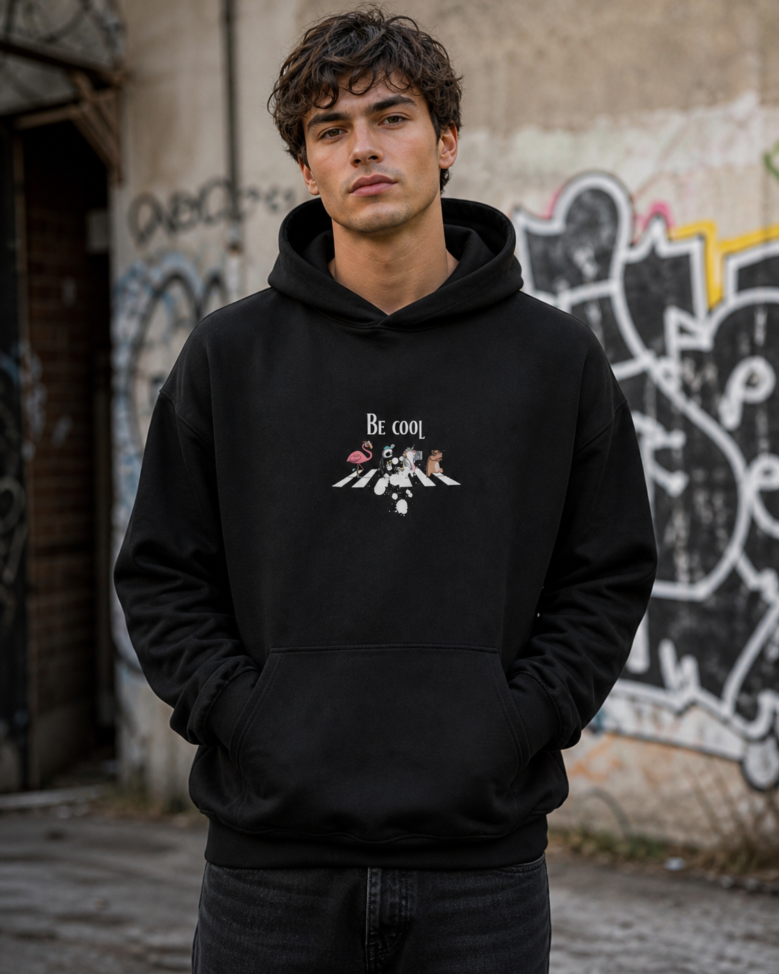 Cool Graphic Hoodie am männlichen Model mit originalgetreuem BE COOL Frontprint – KI-generierte Darstellung