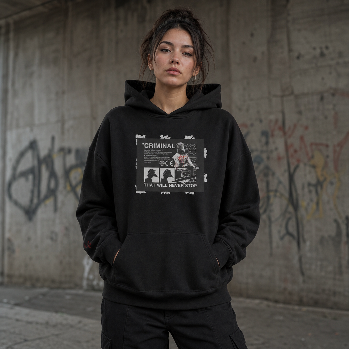 Criminals Never Dies Hoodie am weiblichen Model mit originalgetreuem Frontprint – KI-generierte Darstellung