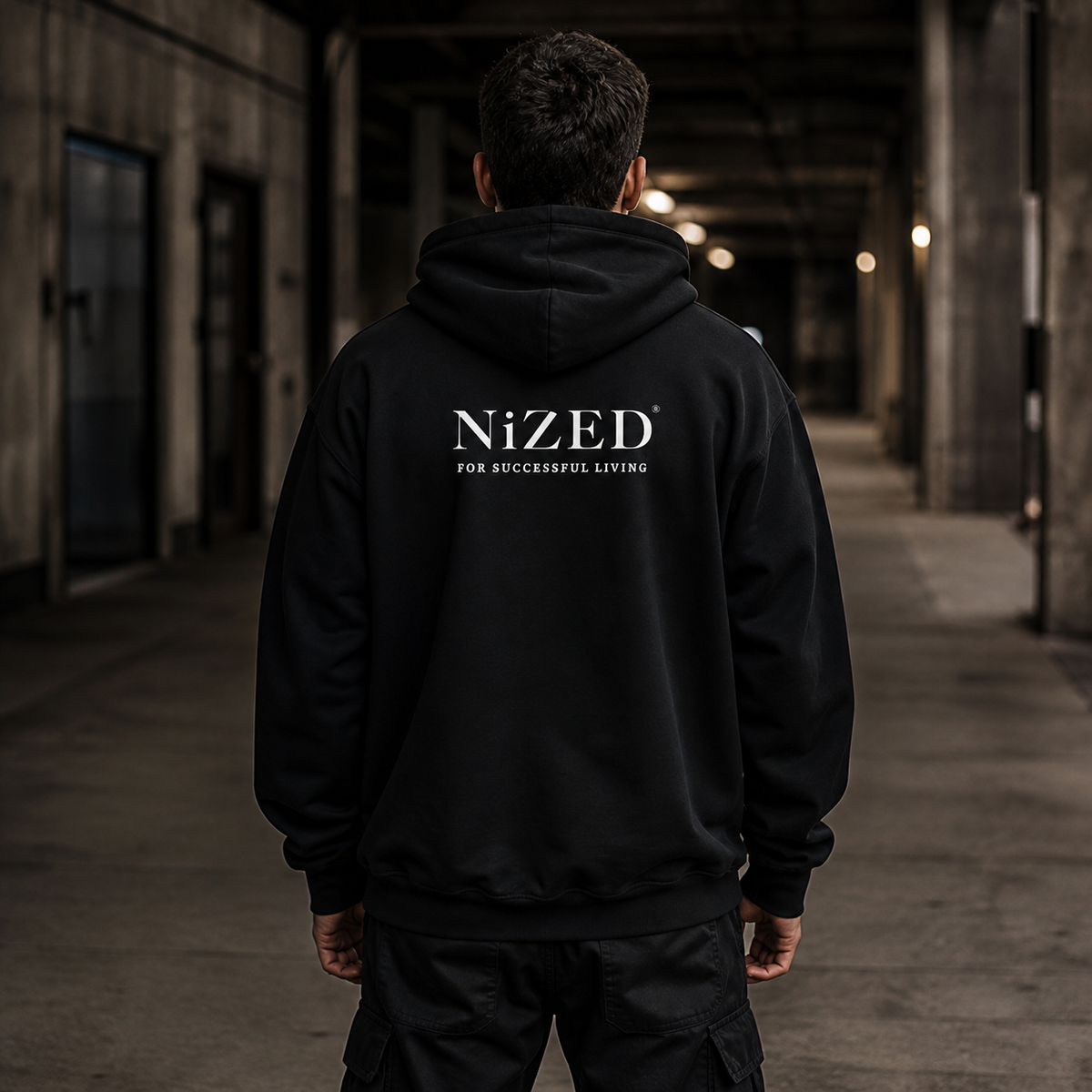 Criminals Never Dies Hoodie am männlichen Model mit originalgetreuem NiZED Backprint – KI-generierte Darstellung