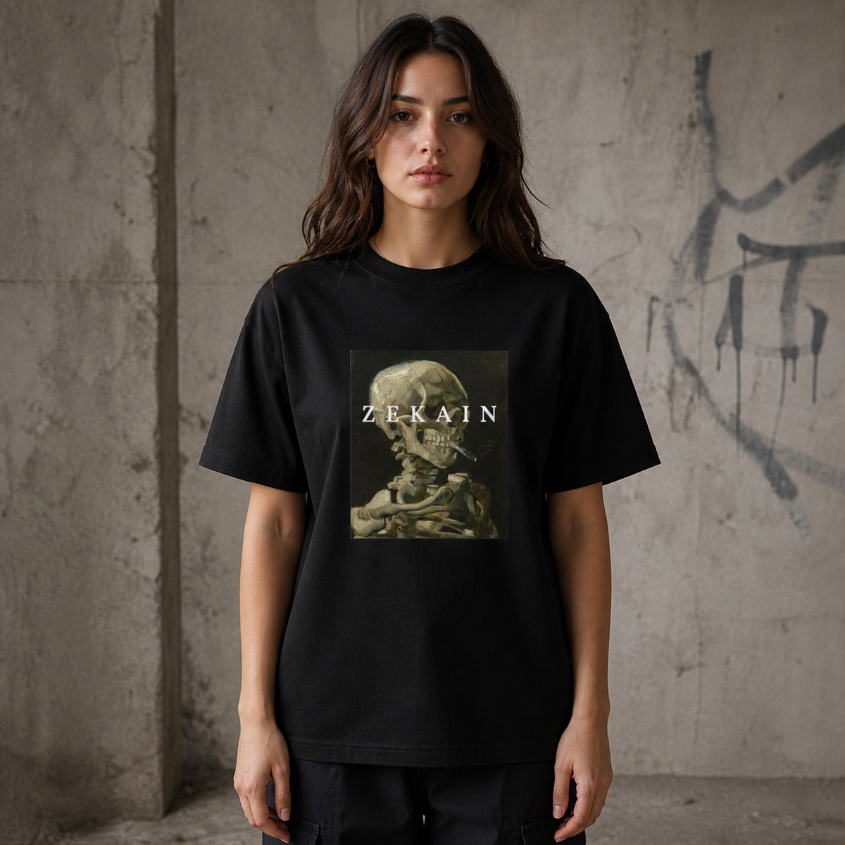 Dead Graphic T-Shirt Damenmodel Vorderansicht – KI-generierte Darstellung