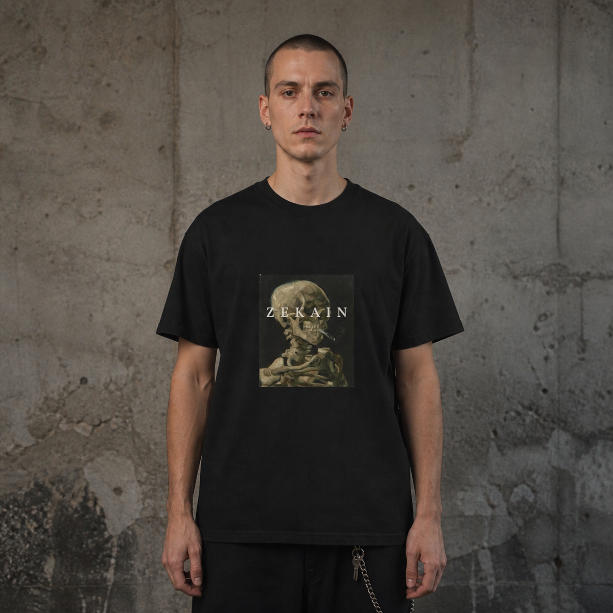 Dead Graphic T-Shirt Herrenmodel Vorderansicht – KI-generierte Darstellung