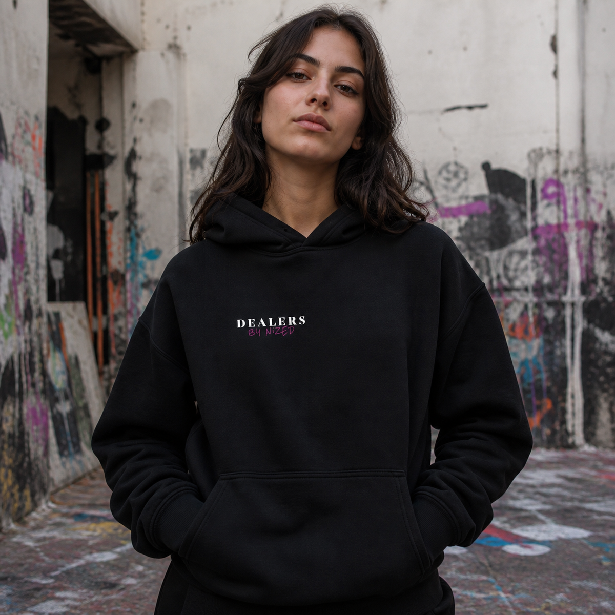 Dealers Graphic Hoodie am weiblichen Model mit originalgetreuem Frontlogo – KI-generierte Darstellung