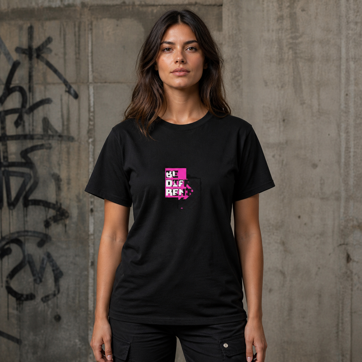 Different Graphic T-Shirt Damenmodel Vorderansicht – KI-generierte Darstellung