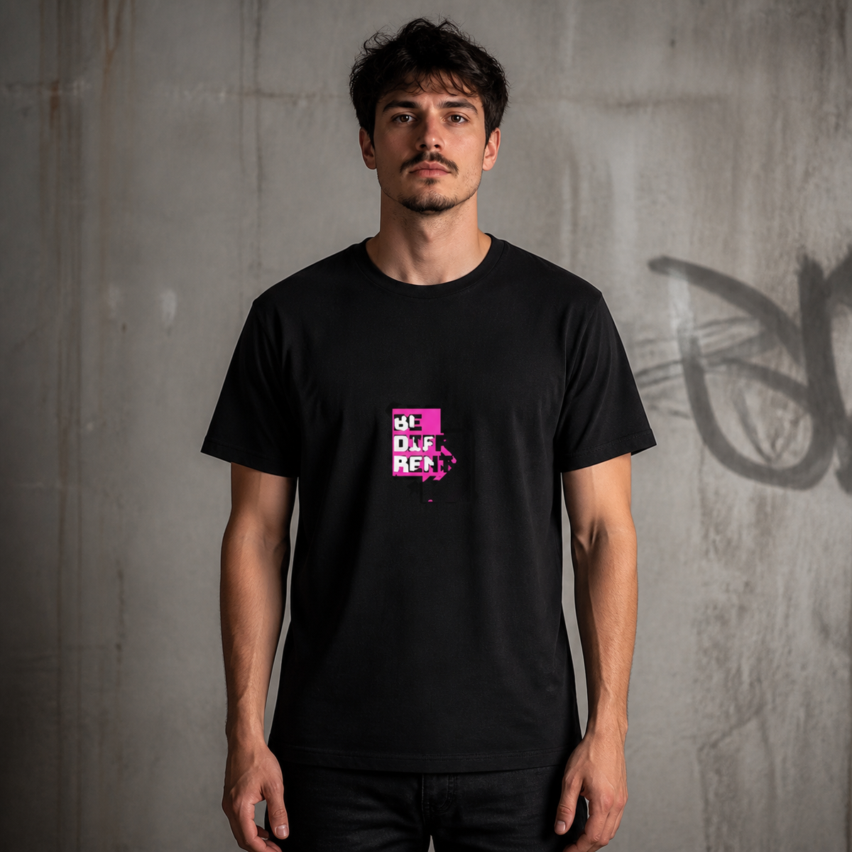 Different Graphic T-Shirt Herrenmodel Vorderansicht – KI-generierte Darstellung