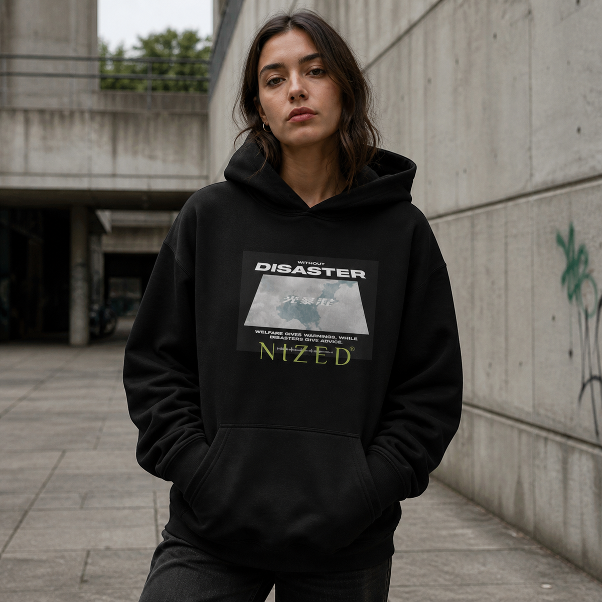 Weibliches Model trägt den schwarzen Disaster Graphic Hoodie von NiZED mit grauem Frontmotiv in Berliner Betonkulisse – KI-generierte Darstellung