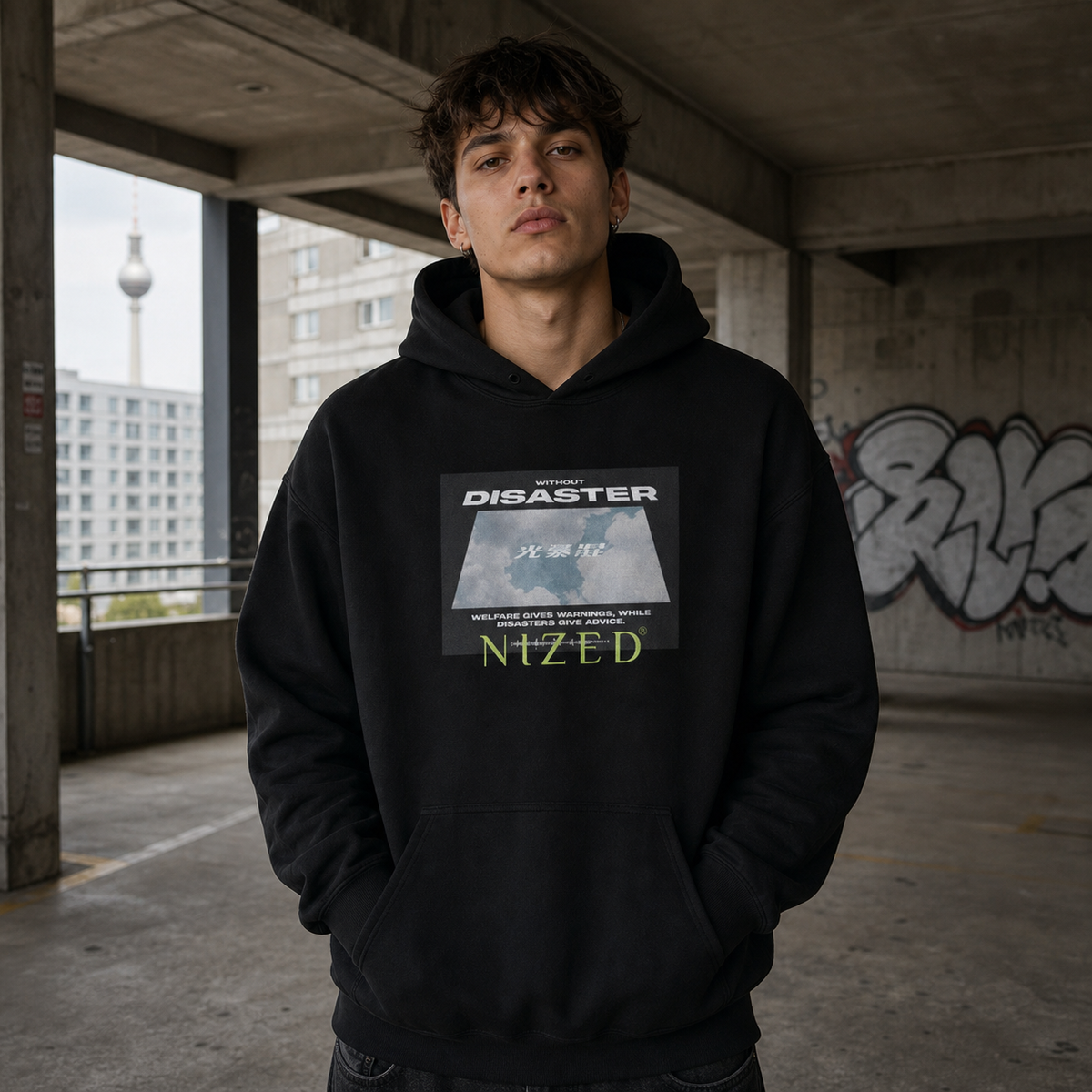 Männliches Model trägt den schwarzen Disaster Graphic Hoodie von NiZED mit grauem Frontmotiv in Berliner Parkhauskulisse – KI-generierte Darstellung