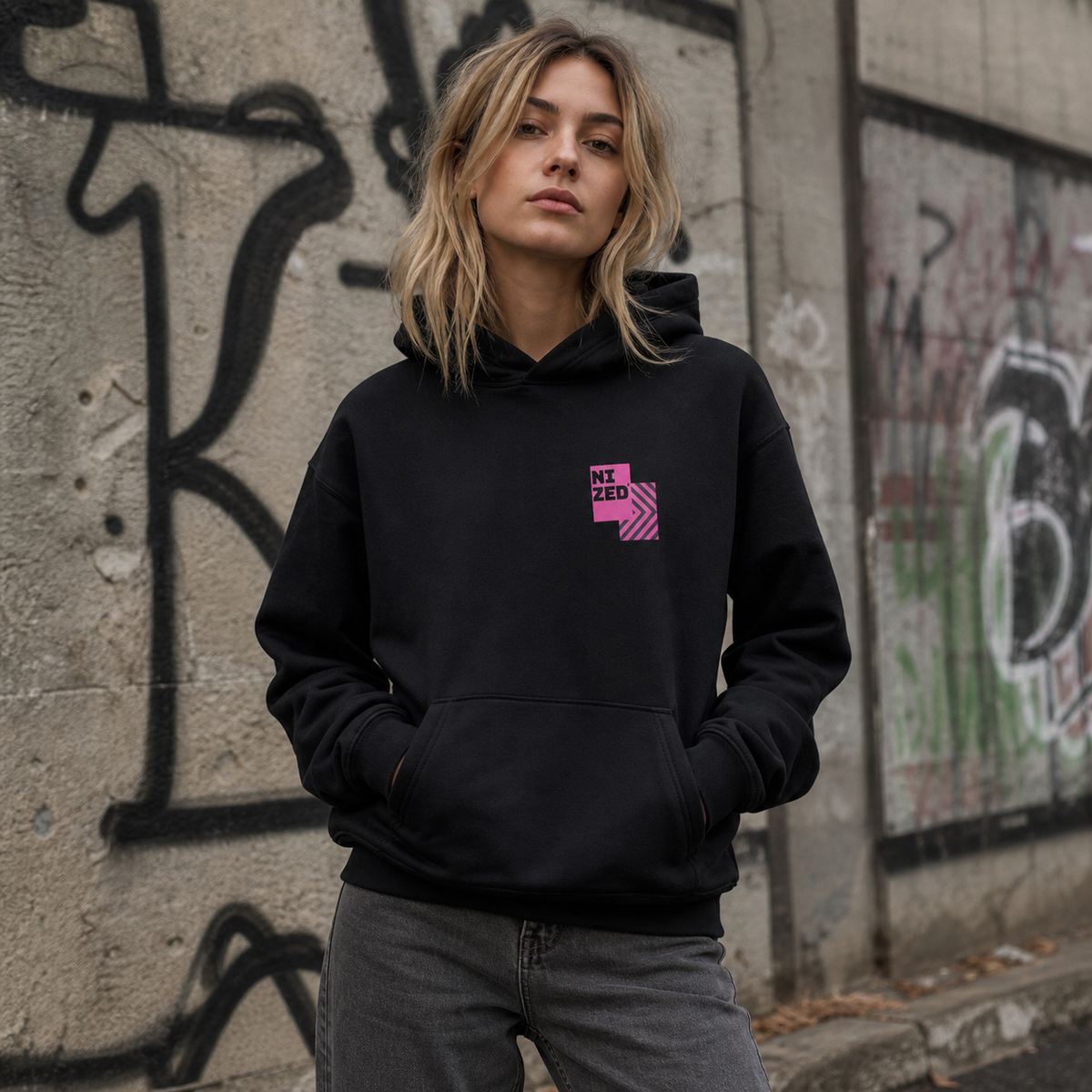 Weibliches Model trägt den schwarzen Disorder Graphic Hoodie von NiZED mit kleinem magentafarbenem Brustprint vor Berliner Graffiti – KI-generierte Darstellung