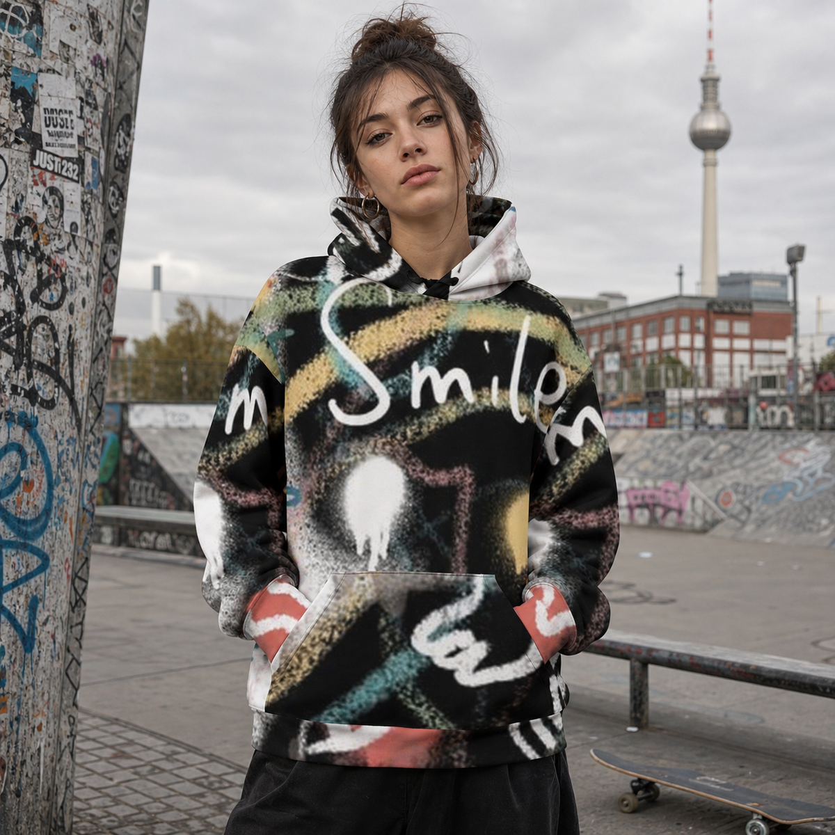 Weibliches Model trägt den Dont Afraid Hoodie von NiZED mit farbigem Smile Allover-Graffiti-Print am Berliner Skatepark – KI-generierte Darstellung