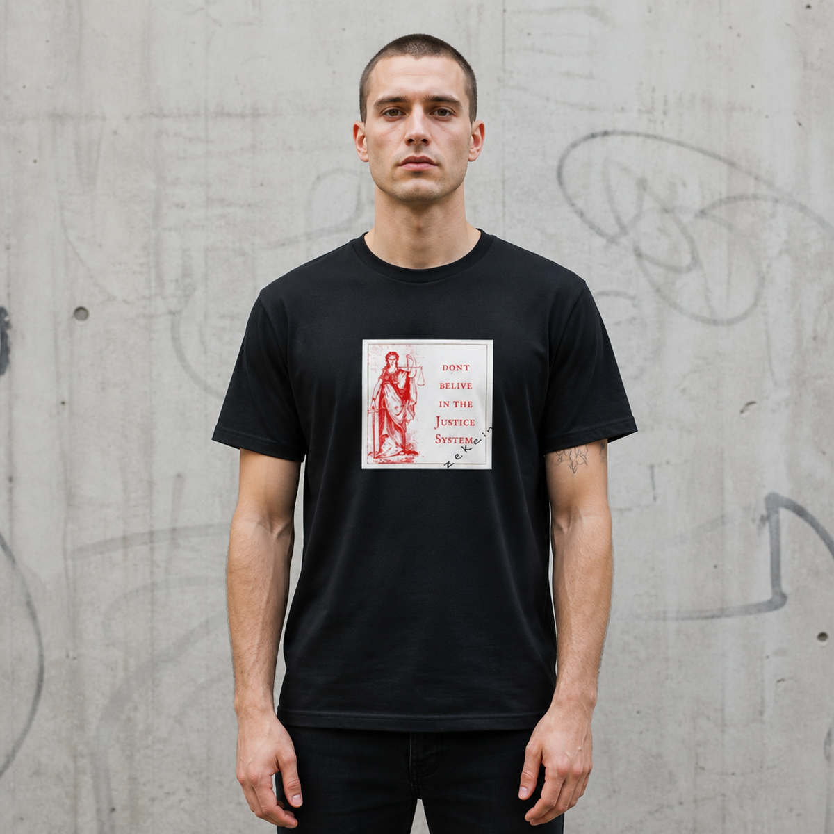 Don't Believe T-Shirt Herrenmodel Vorderansicht – KI-generierte Darstellung