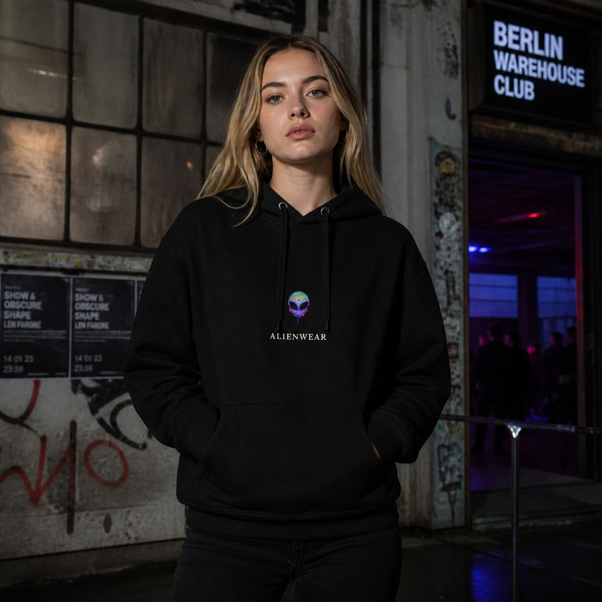Weibliches Model trägt den schwarzen Dont Belive Hoodie von NiZED mit kleinem Alienwear Frontprint – KI-generierte Darstellung