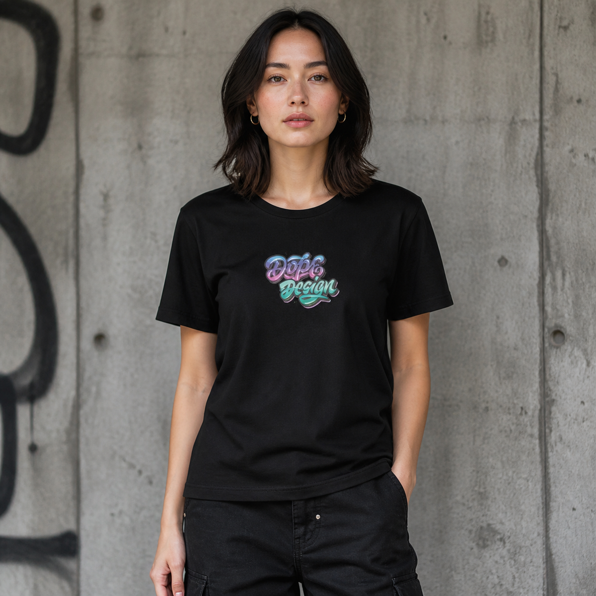 Dope Design Tshirt Damenmodel Vorderansicht – KI-generierte Darstellung