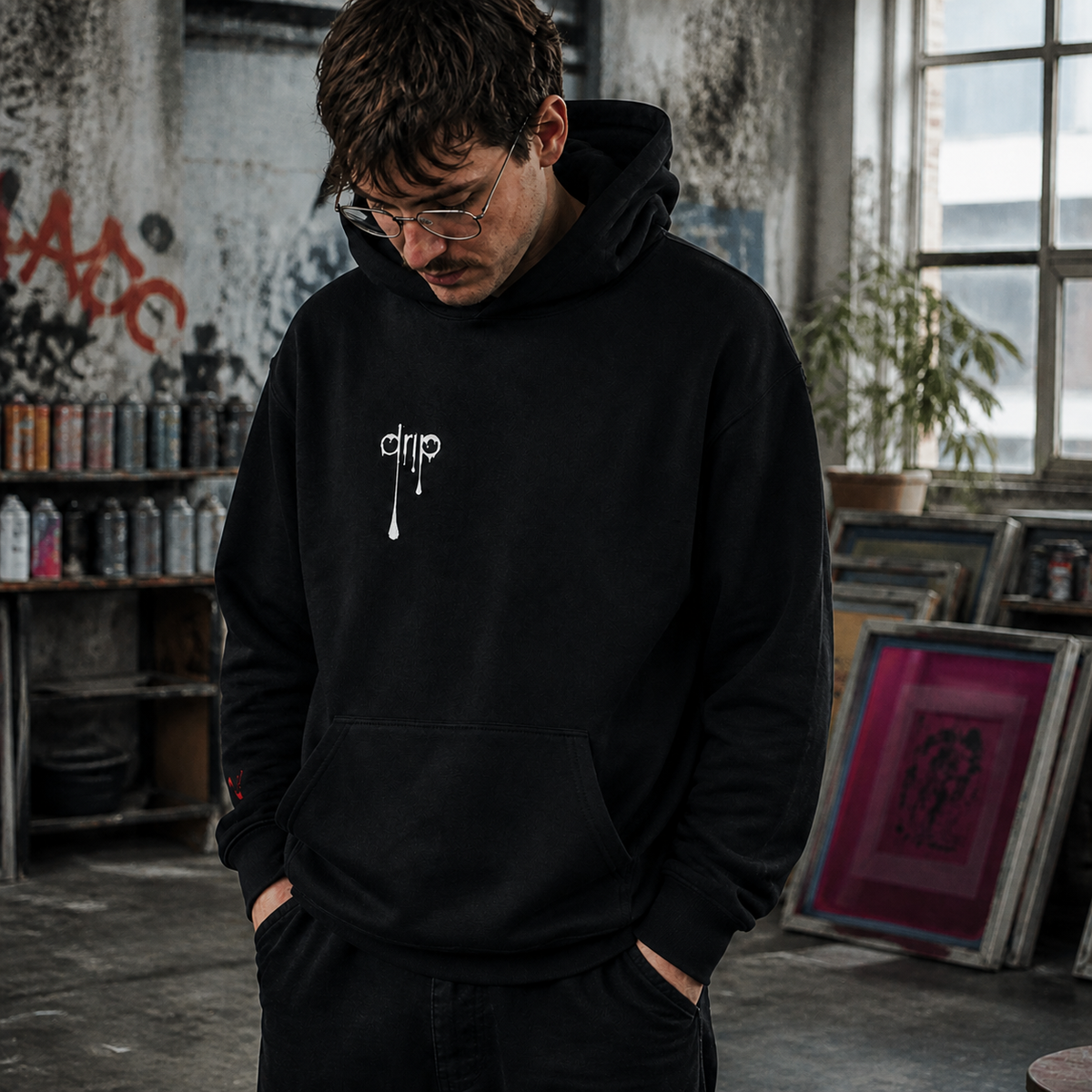 Drip Graphic Hoodie am männlichen Model mit Frontprint in einer Berliner Siebdruckwerkstatt – KI-generierte Darstellung