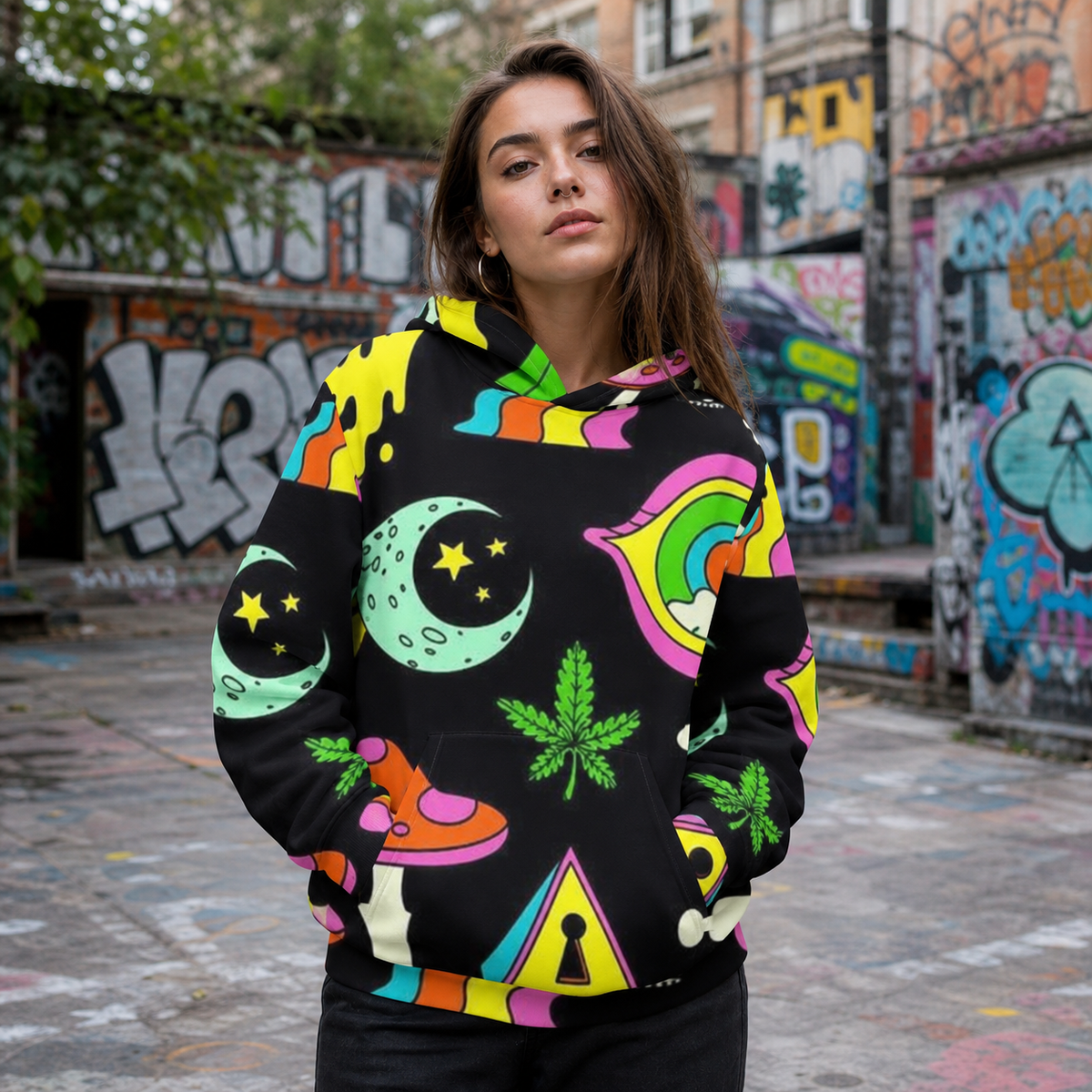 Drog Graphic Hoodie von NiZED als Allover Streetwear Look am weiblichen Model – KI-generierte Darstellung