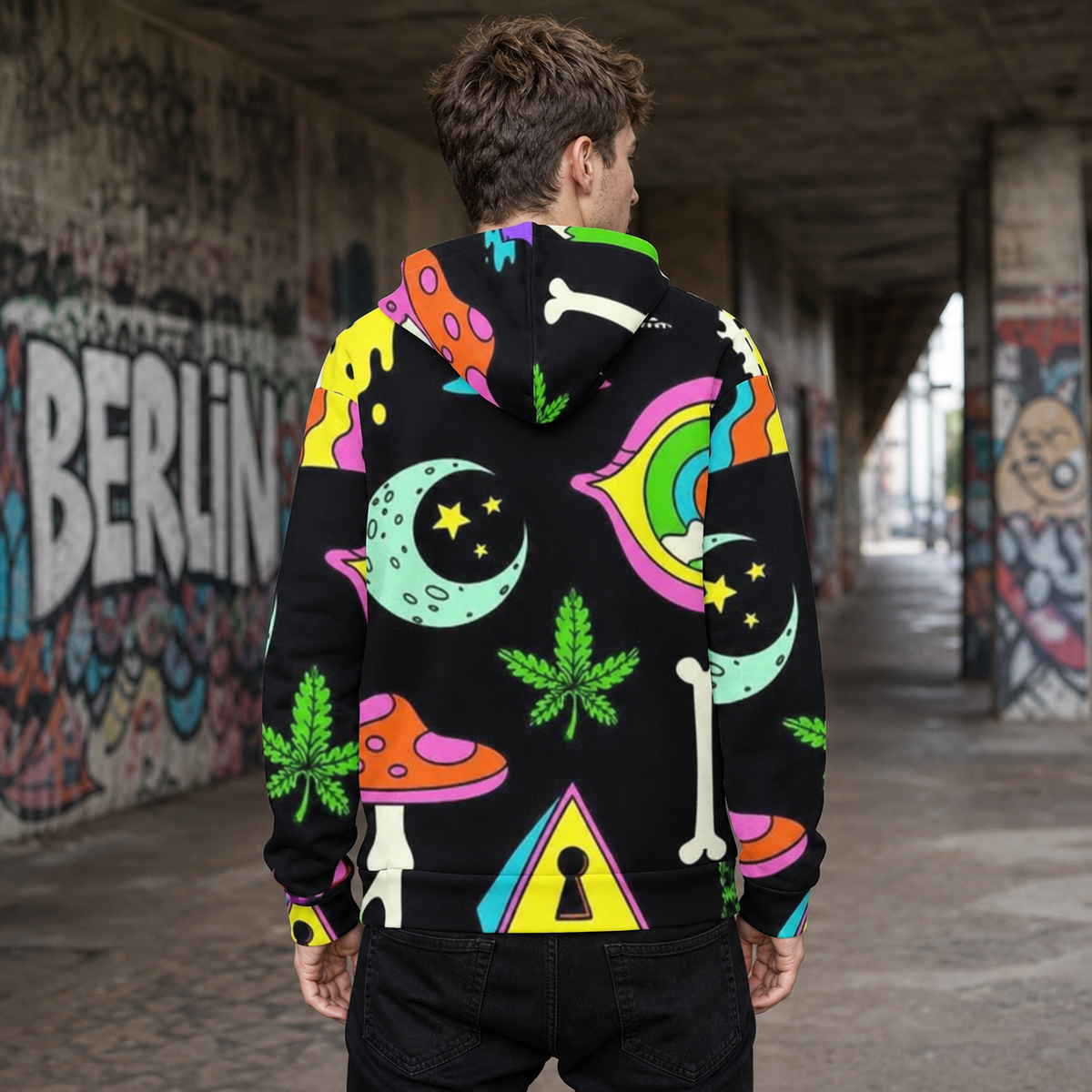 Drog Graphic Hoodie von NiZED mit farbigem Allover Print am männlichen Model – KI-generierte Darstellung
