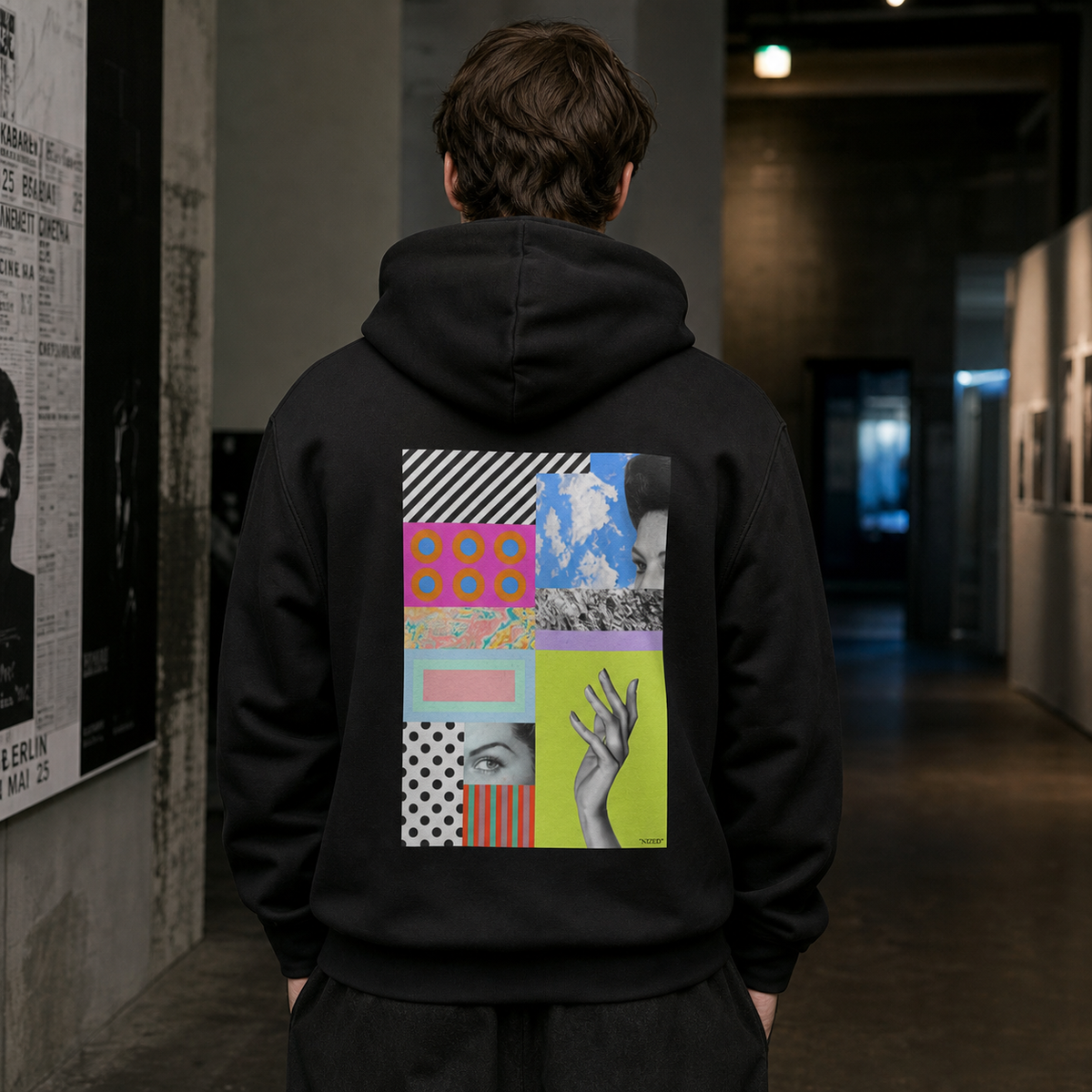 Dzr Graphic Hoodie von NiZED mit Pop Art Collage als Rückenprint am männlichen Model – KI-generierte Darstellung