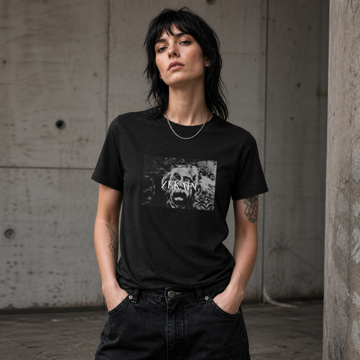 Einstein Graphic T-Shirt Damenmodel Vorderansicht – KI-generierte Darstellung