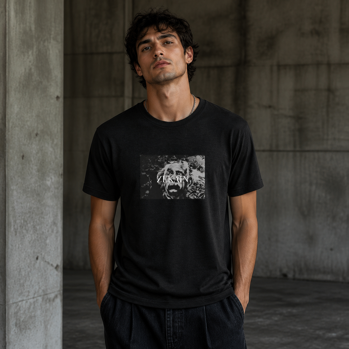 Einstein Graphic T-Shirt Herrenmodel Vorderansicht – KI-generierte Darstellung