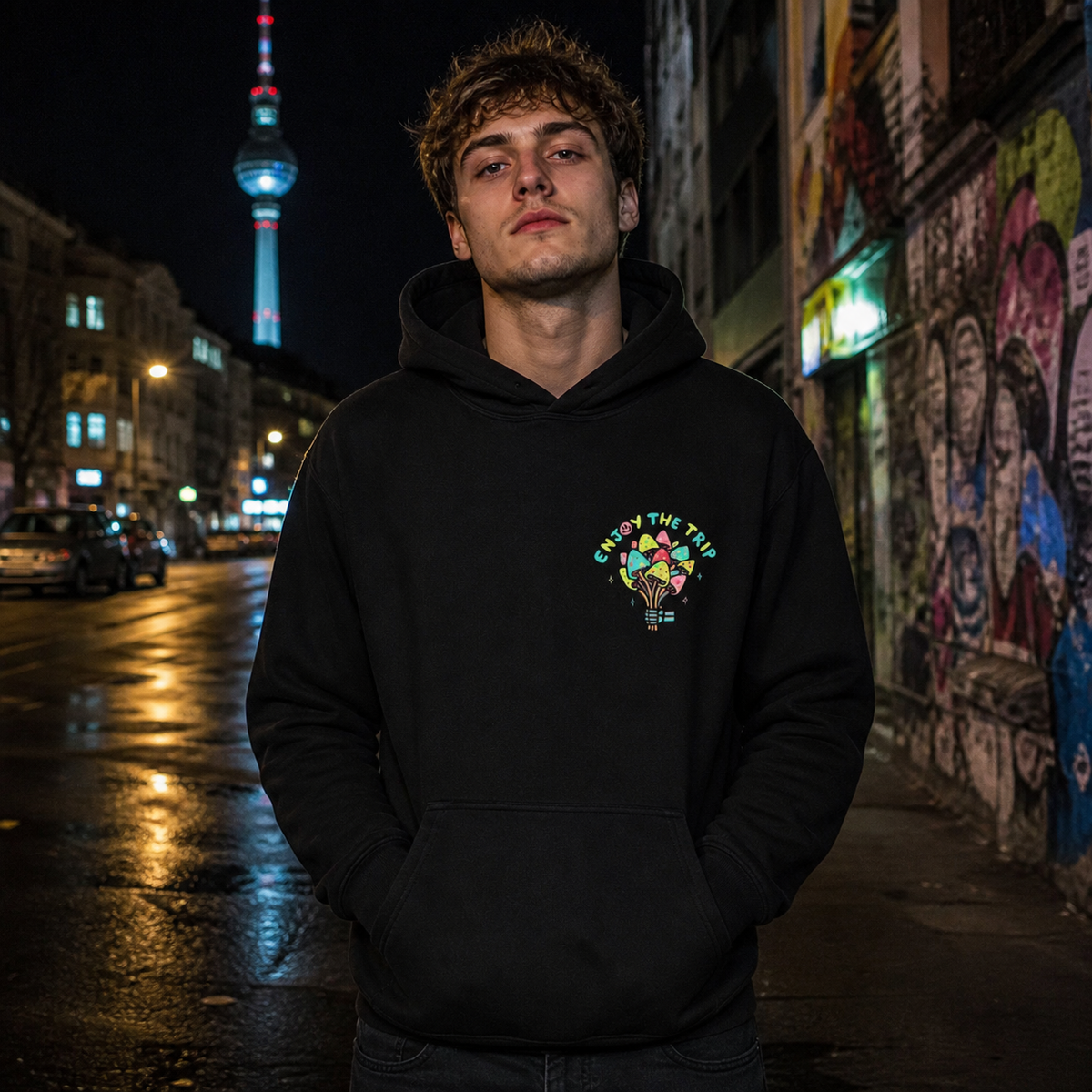 Enjoy The Trip Hoodie von NiZED mit farbigem Brustprint am männlichen Model – KI-generierte Darstellung