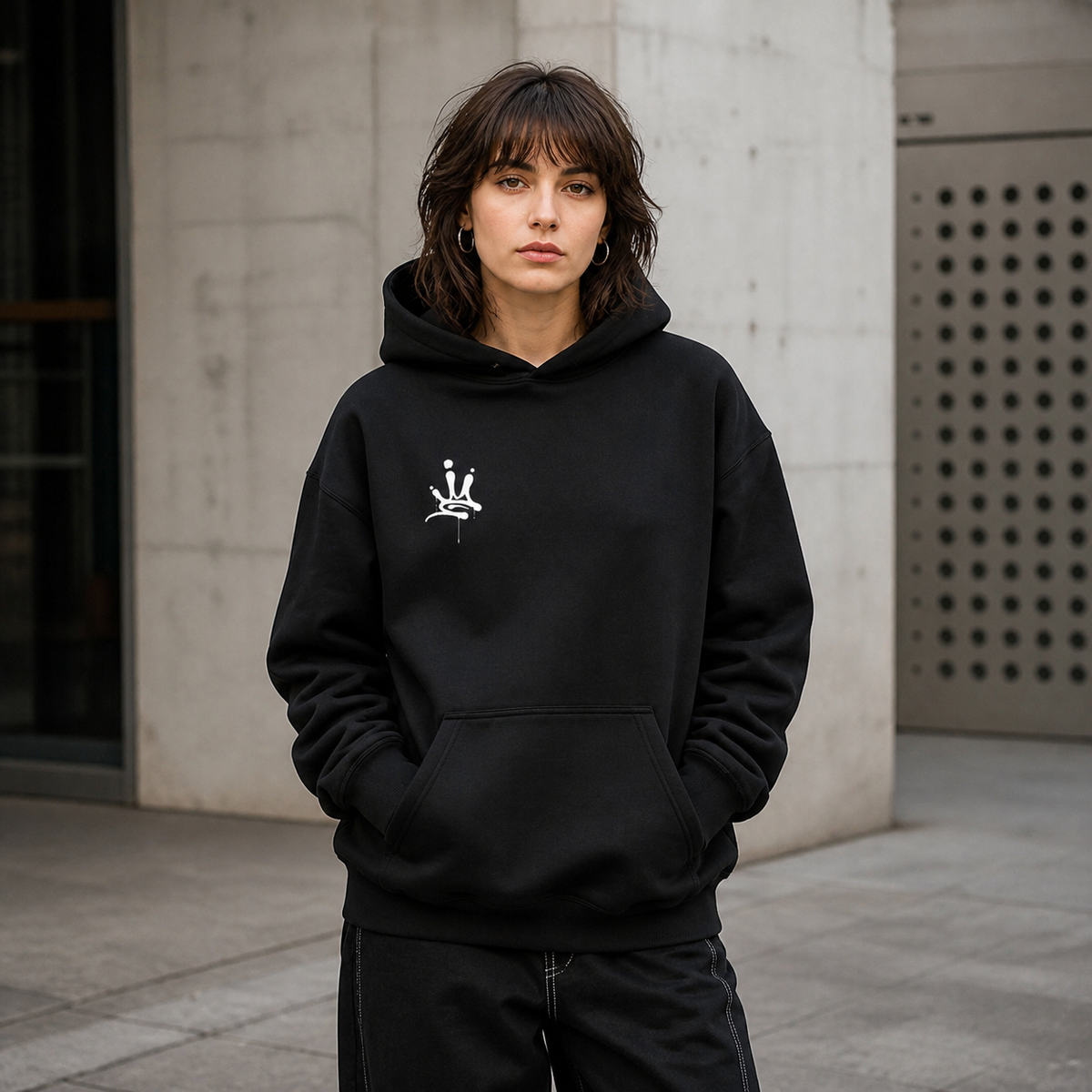 Fallen Angel Hoodie von NiZED mit kleinem Kronen Frontprint am weiblichen Model – KI-generierte Darstellung
