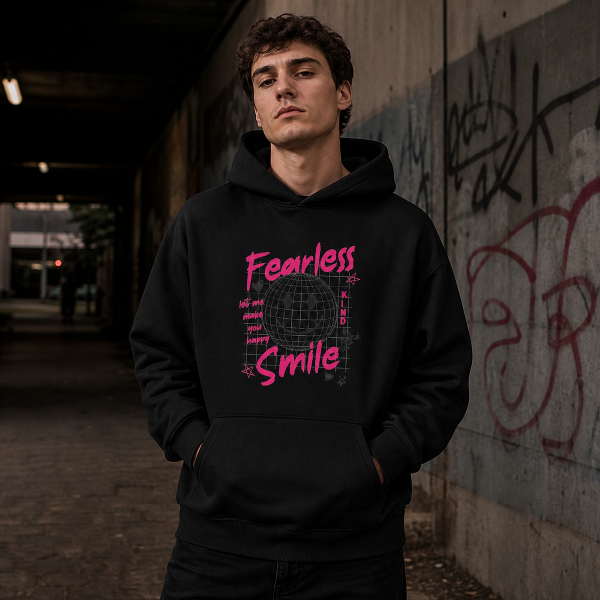 Fearless Smile Hoodie von NiZED mit pinkem Statement Print am männlichen Model – KI-generierte Darstellung