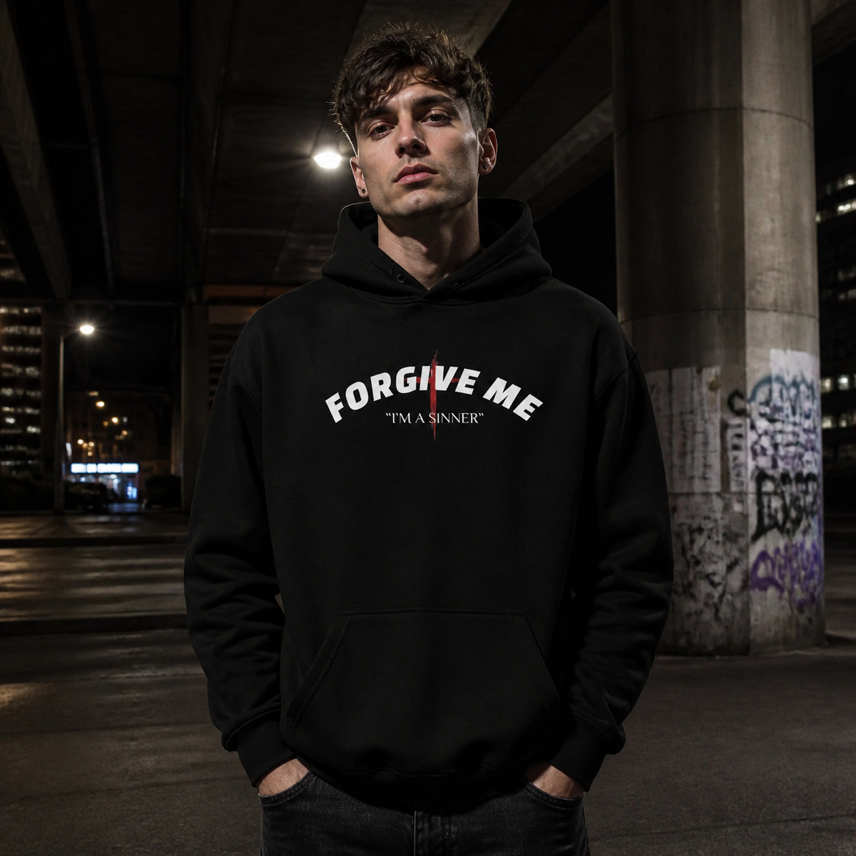 Forgive Me I’m a Sinner Hoodie von NiZED mit Statement Frontprint am männlichen Model – KI-generierte Darstellung