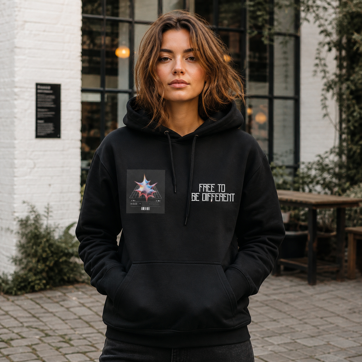Free Different Hoodie von NiZED mit asymmetrischem Frontprint am weiblichen Model – KI-generierte Darstellung