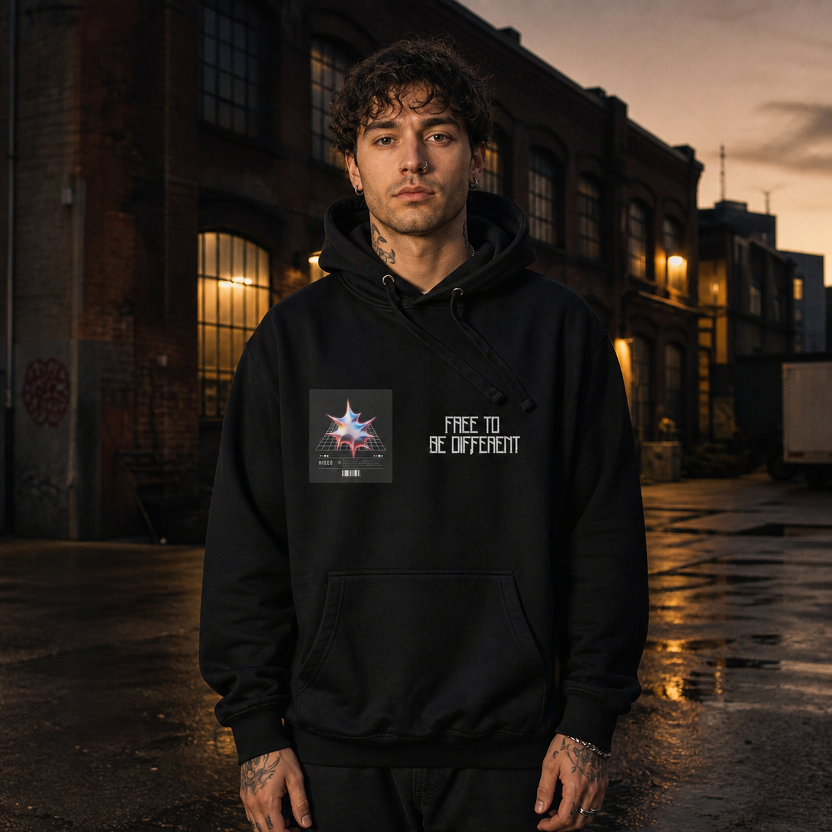 Free Different Hoodie von NiZED mit asymmetrischem Frontprint am männlichen Model – KI-generierte Darstellung