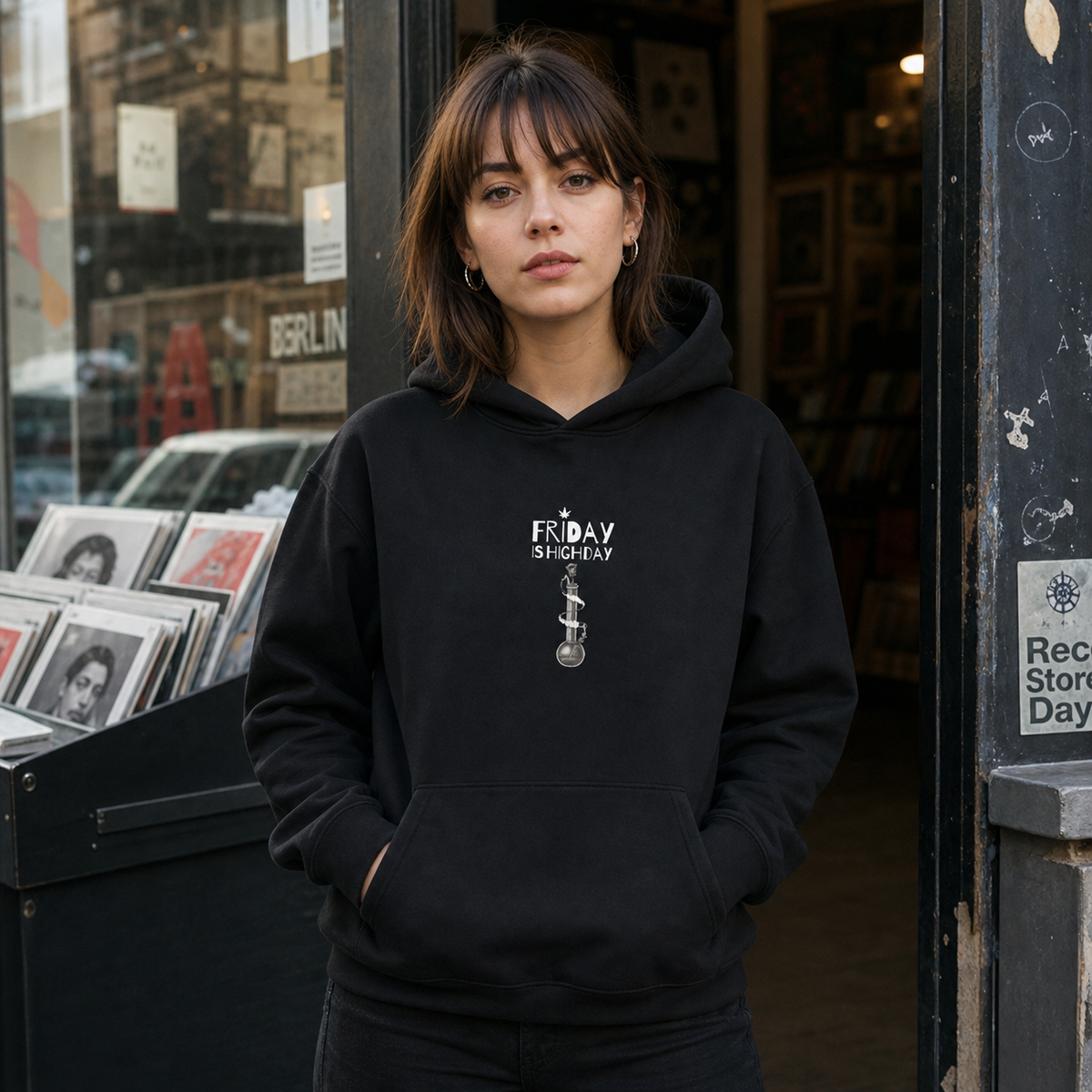 Friday Highday Hoodie von NiZED mit schmalem Graphic Frontprint am weiblichen Model – KI-generierte Darstellung