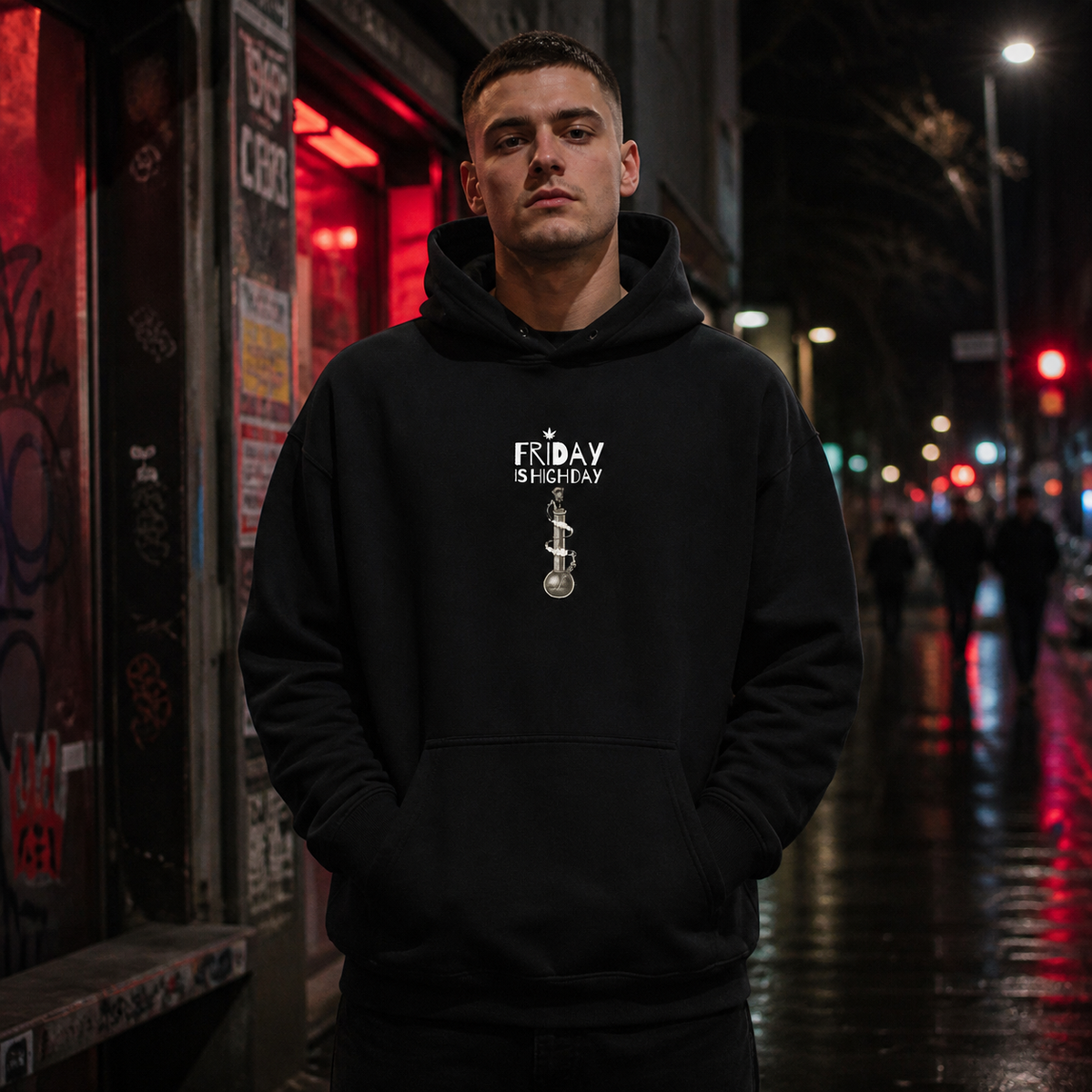 Friday Highday Hoodie von NiZED mit schmalem Graphic Frontprint am männlichen Model – KI-generierte Darstellung