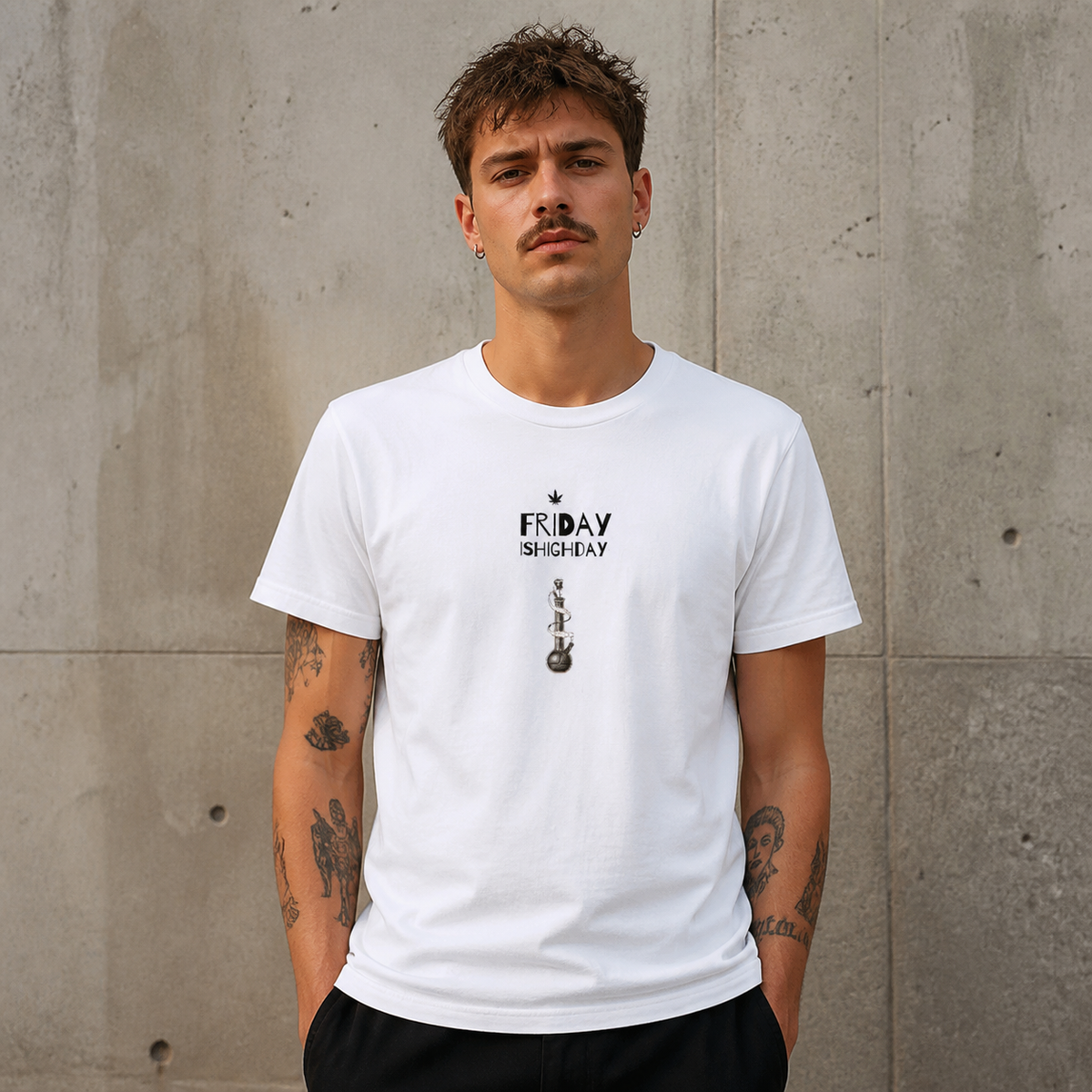 Friday is Highday Tshirt Herrenmodel Vorderansicht – KI-generierte Darstellung