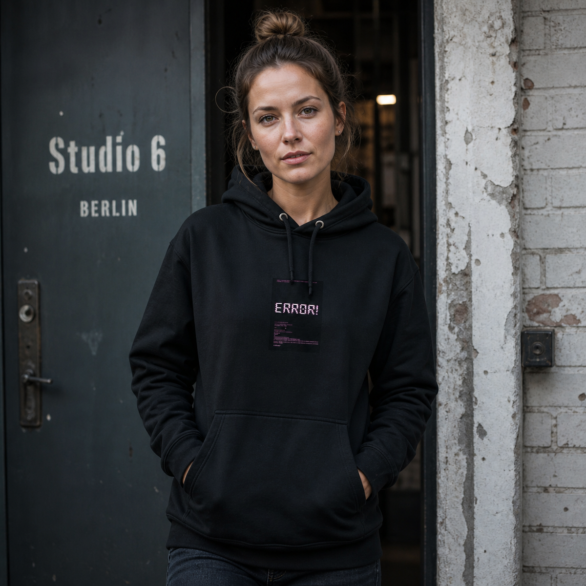 Fuck This Hoodie von NiZED mit Error Frontprint am weiblichen Model – KI-generierte Darstellung
